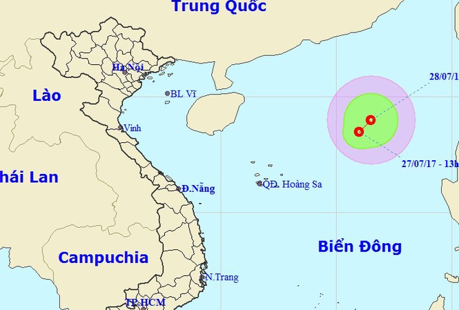Xuất hiện áp thấp nhiệt đới trên biển Đông Vị trí và đường đi của áp thấp nhiệt đới. Nguồn: nchmf.gov.vn.
