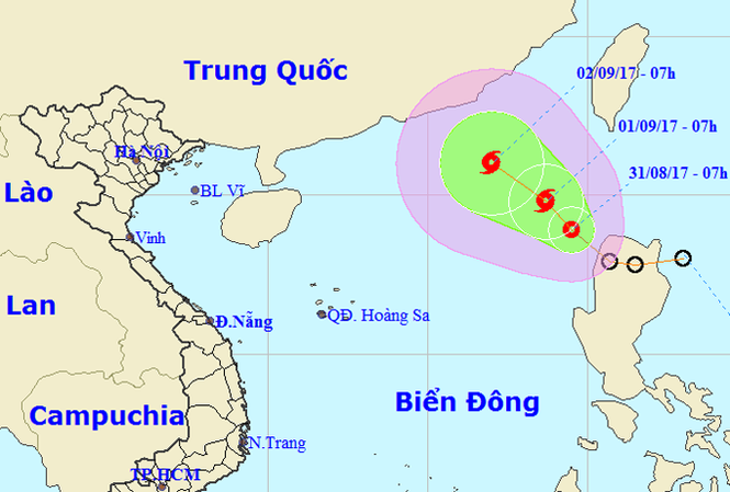 Áp thấp nhiệt đới mạnh cấp 7 trên biển Đông, khả năng thành bão Vị trí, hướng di chuyển của áp thấp nhiệt đới. (Ảnh: NCHMF).