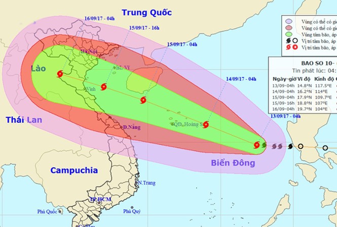 Bão số 10 tăng cấp, hướng thẳng Thanh Hóa-Hà Tĩnh Vị trí, hướng di chuyển của cơn bão số 10. Ảnh: NCHMF.