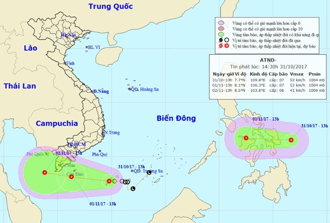 Áp thấp nhiệt đới kép, Nam Bộ mưa lớn kéo dài Dự báo đường đi và vị trí của hai áp thấp nhiệt đới. Ảnh: NCHMF.