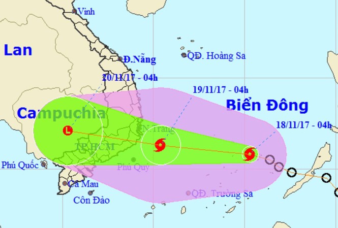 Bão số 14 giật cấp 11, hướng thẳng Nam Trung Bộ Vị trí và hướng di chuyển của cơn bão số 14. Ảnh: NCHMF.