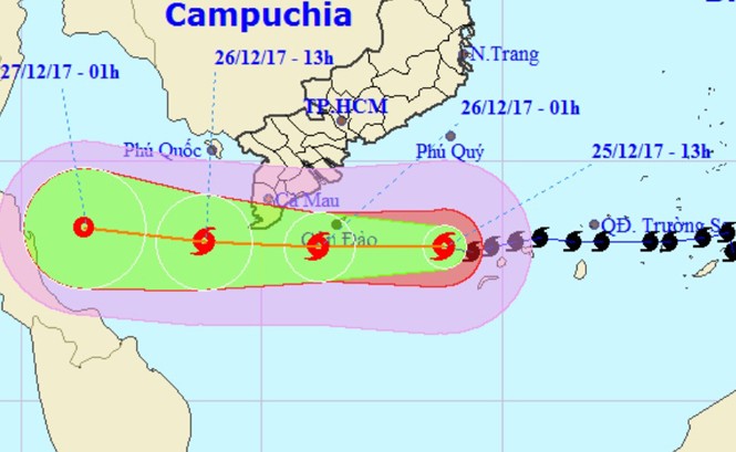 Bão Tembin di chuyển theo hướng Tây, có dấu hiệu suy yếu Vị trí và hướng di chuyển của bão Tembin. Ảnh: NCHMF.