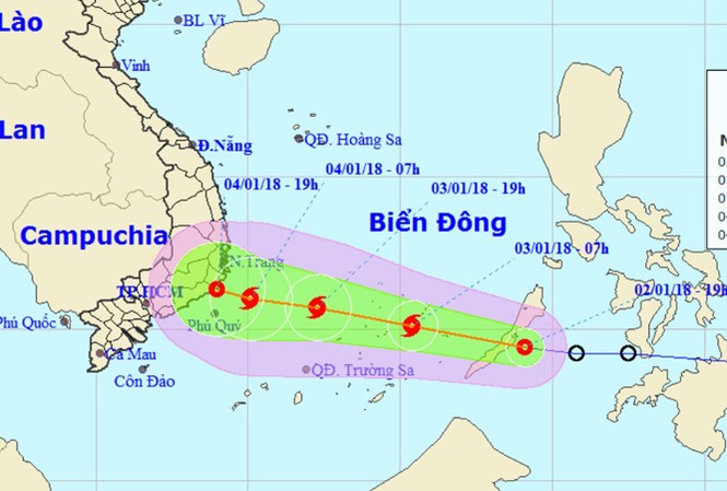 Đêm nay, áp thấp mạnh thành bão số 1 hướng vào Nam Bộ Vị trí và hướng di chuyển của áp thấp nhiệt đới. Ảnh: NCHMF.
