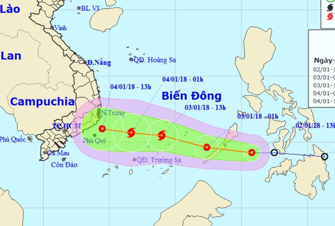 Chi tiết đường đi của áp thấp nhiệt đới tiến gần Biển Đông Vị trí và hướng di chuyển của áp thấp nhiệt đới. Ảnh: NCHMF.