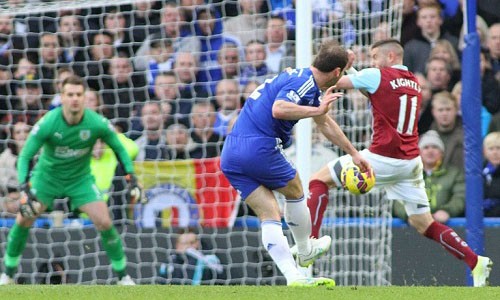 Mourinho gián tiếp 'kết tội' trọng tài xử ép Chelsea Phút 33. Chelsea bị trọng tài từ chối phạt đền khi cú sút của Ivanovic chạm tay Kightly đang giơ lên trong vòng cấm. Cựu cầu thủ Alan Sheare nhận định đây là pha bóng chạm tay rõ ràng của cầu thủ Burnley.