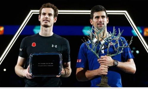 Djokovic lập kỷ lục giành sáu Masters 1000 trong một năm Andy Murray (trái) không thể cản Novak Djokovic chinh phục danh hiệu Masters 1000 thứ sáu trong năm 2015. Ảnh: Reuters.