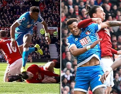 'Đại pháo' Ibrahimovic của M.U bị treo giò 3 trận Sau khi bị Mings dẫm vào đầu (trái), Ibrahimovic đã có hành vi trả đũa.