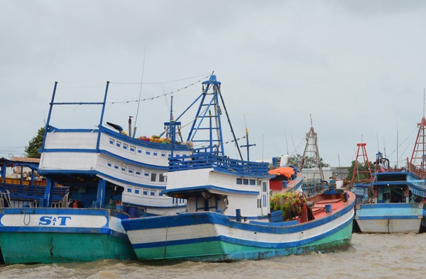 Bão số 16 sắp vào khu vực đảo Trường Sa Lớn, sóng biển cao 10m Tàu cá vào neo đậu ở cảng Trần Đề, Sóc Trăng.