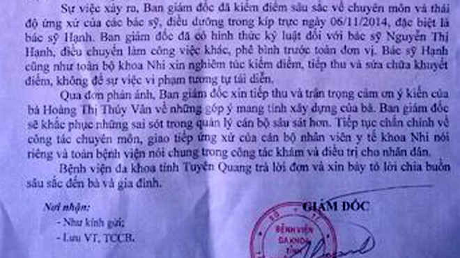Bệnh nhi tử vong, bệnh viện thừa nhận bác sĩ thiếu trách nhiệm Lãnh đạo Bệnh viện đa khoa tỉnh Tuyên Quang trả lời đơn thư của gia đình cháu Chi