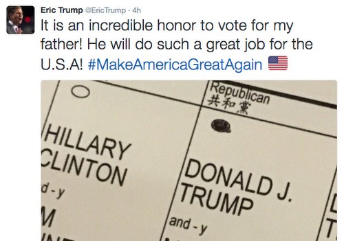 Bản tin 8H: Con trai Trump bị tố vi phạm luật bầu cử Phiếu bầu được Eric Trump đăng lên Twitter. Ảnh: Buzzfeed.
