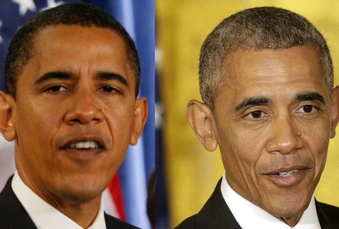 Tổng thống Obama ‘khủng hoảng tuổi già’ trong dịp sinh nhật thứ 55? Ông Obama thời điểm vừa chiến thắng bầu cử Tổng thống vào tháng 12/2008 (ảnh trái) và hiện tại.