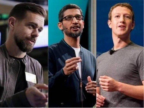 Sau Facebook, CEO Google và Twitter có thể bị điều trần CEO Dorsey của Twitter (bên trái) và Pichai của Google (ở giữa) có thể phải điều trần trước Quốc hội Mỹ sau Zuckerberg (bên phải).