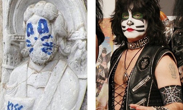 Tây Ban Nha truy lùng kẻ gây ra 'tội ác văn hoá' ở Thánh đường Santiago Hoá trang của tay trống Eric Singer là "nguồn cảm hứng" cho kẻ vẽ bậy.