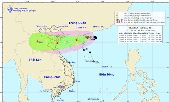 Bão số 4 áp sát Quảng Ninh-Nghệ An, gió giật cấp 11 Đường đi của bão số 4. Ảnh: Trung tâm Dự báo Khí tượng Thuỷ văn Quốc gia