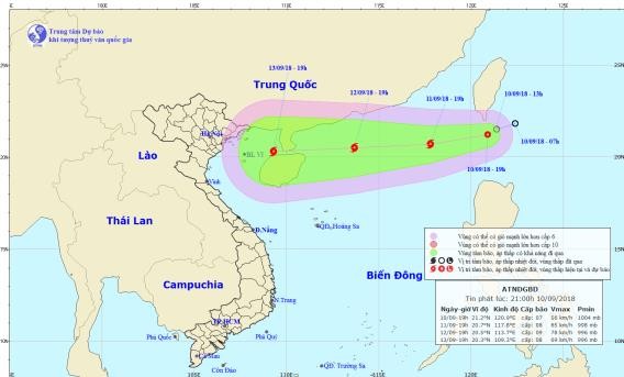Sáng mai, áp thấp nhiệt đới vào Biển Đông, khả năng mạnh lên thành bão Hướng đi dự kiến của bão. Ảnh: TTDBKTTVQG