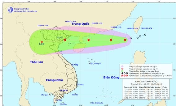 Áp thấp nhiệt đới mạnh lên thành bão số 5, tiến vào Biển Đông Đường đi của bão số 5. Ảnh: Trung tâm Dự báo Khí tượng Thuỷ văn Quốc gia