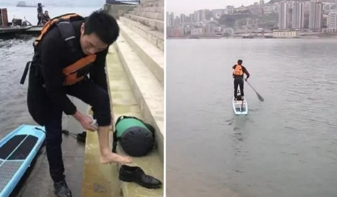 Mệt mỏi vì tắc đường, chàng trai hàng ngày chèo ván qua sông đi làm Mệt mỏi vì tắc đường, chàng trai hàng ngày chèo ván qua sông đi làm