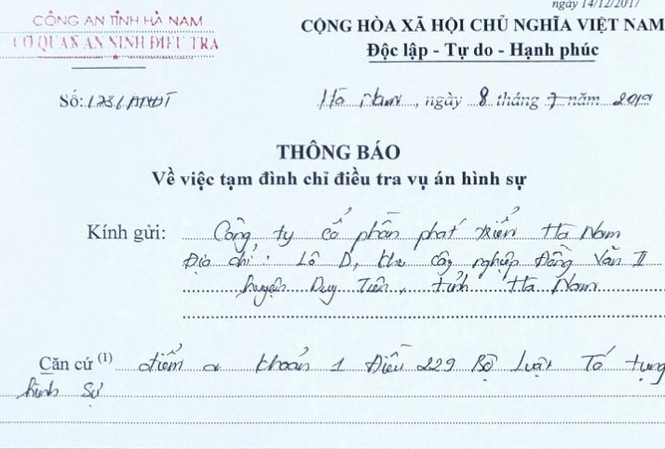 Tạm đình chỉ vụ án hình sự xảy ra tại Sở KH&ĐT Hà Nam Tạm đình chỉ vụ án hình sự xảy ra tại Sở KH&ĐT Hà Nam