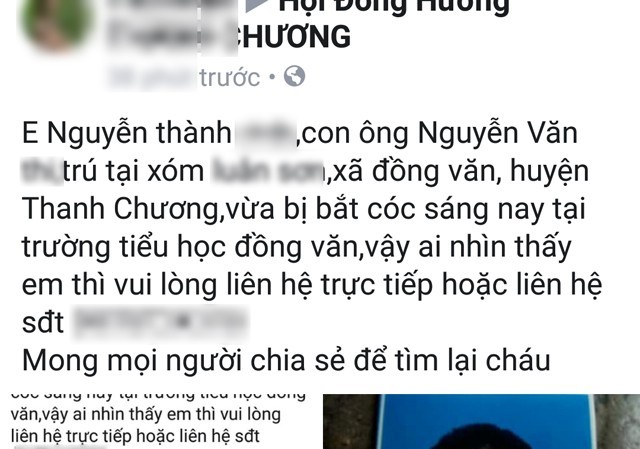 Sự thật học sinh tiểu học bị bắt cóc trước cổng trường Thông tin về việc cháu Nguyễn Thành V. bị bắt cóc được đăng tải trên một fanpage có hàng trăm nghìn thành viên