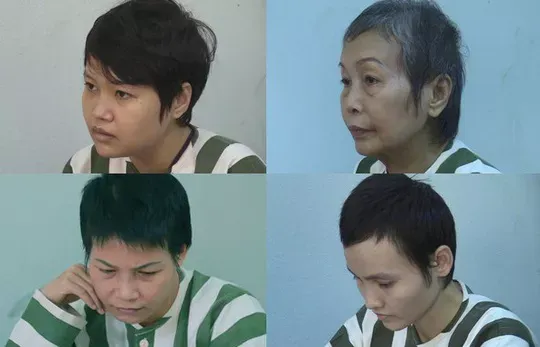 Vụ bê tông xác người: Nghi phạm dọa động vào người sẽ bị... quả báo Từ trái qua phải, trên xuống dưới: Các nghi phạm Hà, Hoa (mẹ Hà), Huyên và Thảo