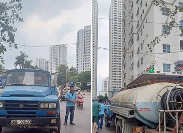 Người dân HH Linh Đàm được 'giải khát' nhờ mua 2 xe téc nước Hai xe téc cung cấp nước sạch dịch vụ cho người dân KĐT Linh Đàm chiều 13/10
