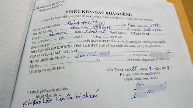 Cán bộ Thanh tra Sở GTVT bị côn đồ chém Phiếu khai báo khám bệnh cho ông Trung