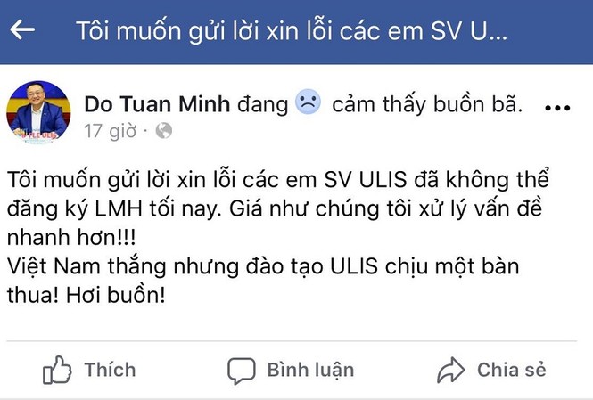 Hiệu trưởng đăng đàn xin lỗi sinh viên vì sập mạng môn học Thầy Đỗ Tuấn Minh đăng đàn xin lỗi sinh viên vì sự cố sập mạng cổng thông tin đăng ký môn học tối 24/11