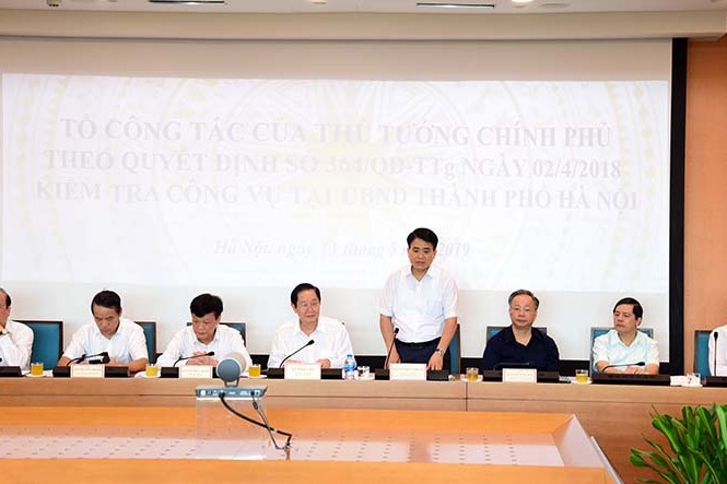 Tổ công tác của Thủ tướng kiểm tra công vụ tại Hà Nội Chủ tịch UBND thành phố Hà Nội Nguyễn Đức Chung phát biểu tại buổi làm việc. Ảnh: KTĐT