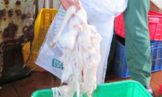Tẩy trắng phụ phẩm trâu bò thối, bán cho quán ăn Gân trâu bò sau sơ chế trắng bất thường. Ảnh: Người lao động
