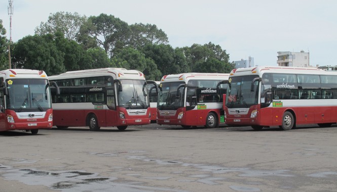 Xe trá hình như bệnh ung thư Đoàn xe hợp đồng nhưng chạy như xe khách của Cty Thành Bưởi trên đường Lê Hồng Phong - TPHCM. Ảnh: Bảo An