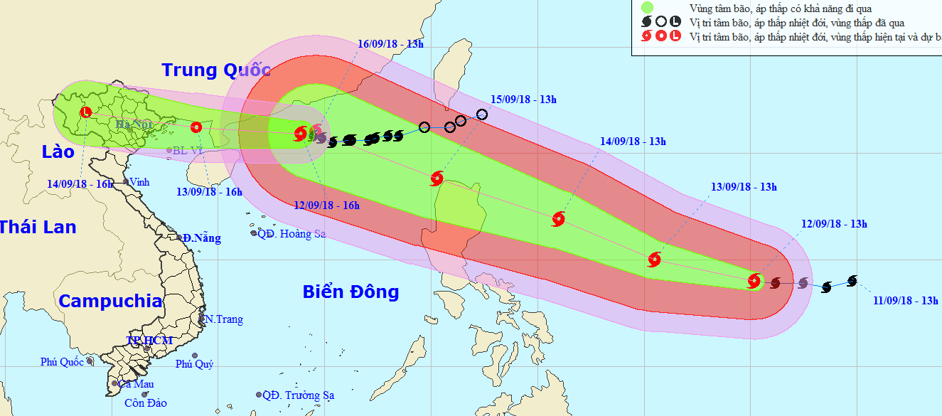 Thông tin mới nhất về cơn bão số 5, siêu bão Mangkhut Trong đêm nay và ngày mai, bão di chuyển chủ yếu theo hướng tây hơi chếch bắc, với vận tốc 15-20 km/h và suy yếu dần thành áp thấp nhiệt đới. Ảnh: NCHMF.
