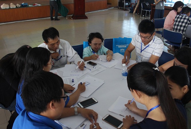 Nâng cao kỹ năng giảm thiểu rủi ro thiên tai cho ĐVTN 5. Các TNV tham gia khóa tập huấn đến từ rất nhiều tổ chức tình nguyện, hội, đội, nhóm trực thuộc Hội LHTN TP Đà Nẵng. Ảnh: Giang Thanh.