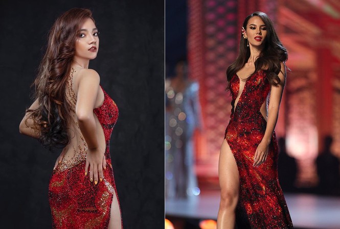 Nhái váy của HH Catriona Gray, thí sinh Hoa hậu Myanmar ngã dúi dụi Thí sinh Hoa hậu Trái đất Myanmar nhái trắng trợn váy dạ hội của Hoa hậu Catriona Gray.