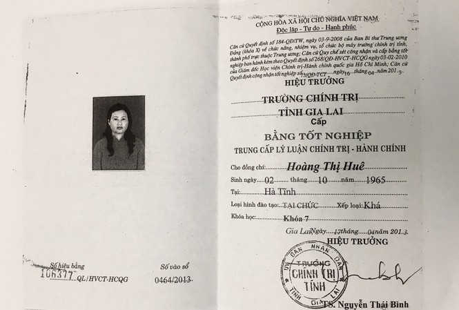 Phát hiện hiệu trưởng trường mẫu giáo dùng bằng giả Bà Huê dùng bằng PTTH giả để học, lấy bằng Trung cấp lý luận chính trị