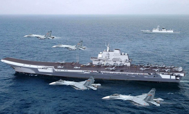 Tàu sân bay Trung Quốc đi vào biển Đông Liêu Ninh - tàu sân bay đầu tiên của Trung Quốc. Ảnh: PLan.