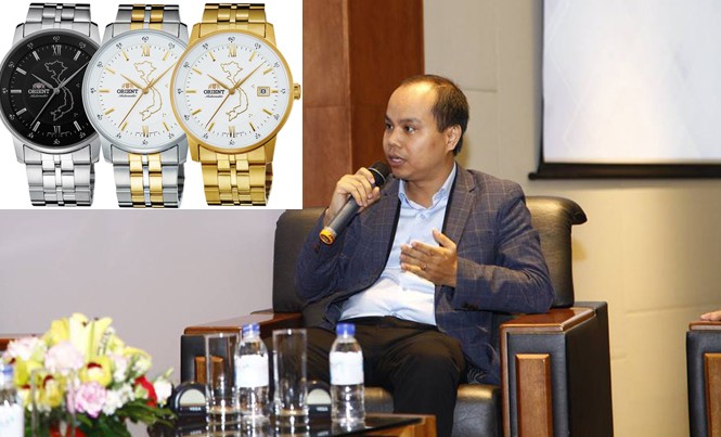 Đưa Hoàng Sa, Trường Sa lên “cỗ máy thời gian” Anh Bùi Tuấn Minh và những chiếc đồng hồ Nhật Bản Orient có bản đồ Việt Nam với quần đảo Hoàng Sa, Trường Sa.