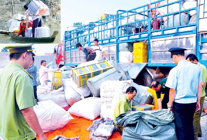 Nóng bỏng chống buôn lậu mùa lũ Thu giữ hàng hóa buôn lậu (ảnh lớn), một trong các hình thức vận chuyển hàng lậu mùa lũ (ảnh nhỏ). Ảnh: PV.