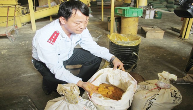 Mở rộng truy quét các đường dây chất cấm trong chăn nuôi Lực lượng thanh tra liên ngành kiểm tra lô hàng vi phạm về chất cấm của Cty TNHH Thức ăn chăn nuôi Trường Phú (Hải Dương). Ảnh: Nam Khánh