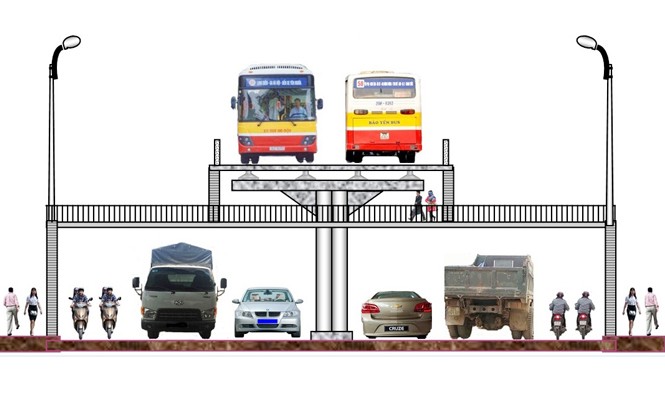 Đề xuất làm đường buýt trên cao Mô hình xe buýt trên cao được ông Hoàng Ngọc Thịnh hiến kế để chống ùn tắc giao thông Hà Nội.