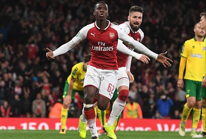 Khẩu thần công mới của Arsenal Eddie Nketiah góp công lớn giúp Arsenal vào tứ kết Laegue Cup. Ảnh: GETTYIMAGES.