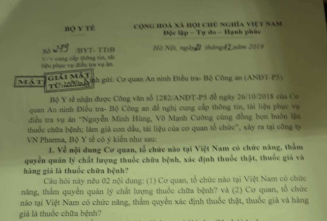 Vụ buôn 'thuốc ung thư giả': Tài liệu giải mật của Bộ Y tế nói lên điều gì? 1 trong 3 tài liệu mật của Bộ Y tế đã được giải mật. Ảnh: Tân Châu
