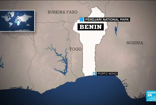 Hai du khách Pháp bị bắt cóc tại Benin Lãnh thổ Benin và Vườn Quốc gia Pendjari (đánh dấu xanh), nơi xảy ra vụ bắt cóc hai du khách Pháp
