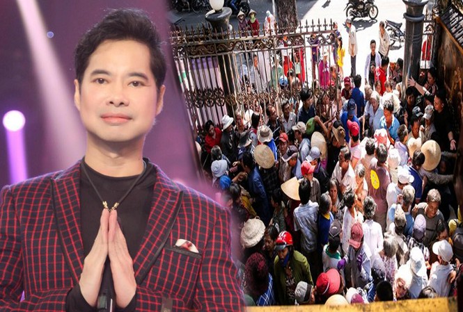 Hàng trăm người dân chen lấn trước cửa nhà Ngọc Sơn để được phát gạo và tiền Hàng trăm người dân chen lấn trước cửa nhà Ngọc Sơn để được phát gạo và tiền