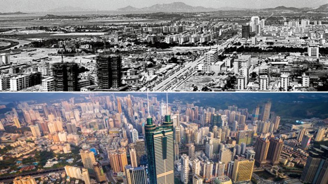 Giữa ngã ba đường Thành phố Thâm Quyến năm 1982 (ảnh trên) và ngày nay Ảnh: CNN