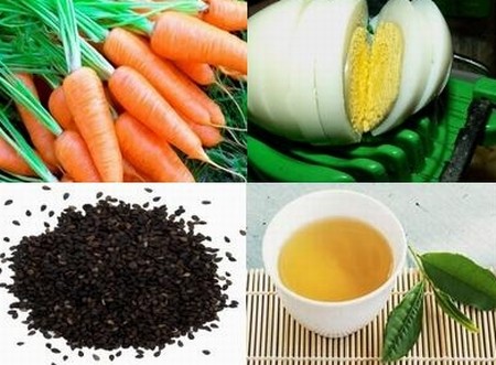Trứng, vừng, trà xanh, cà rốt loại bỏ quầng thâm mắt Trứng, vừng, trà xanh, cà rốt loại bỏ quầng thâm mắt