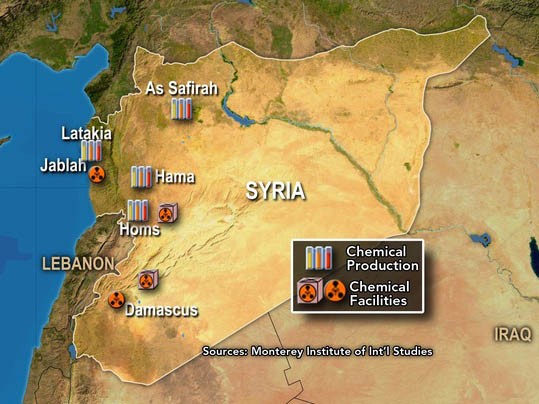 Syria tiêu hủy hoàn toàn thiết bị sản xuất vũ khí hóa học Bản đồ một số cơ sở sản xuất và lưu trữ vũ khí hóa học Syria của Viện Monterey, Mỹ