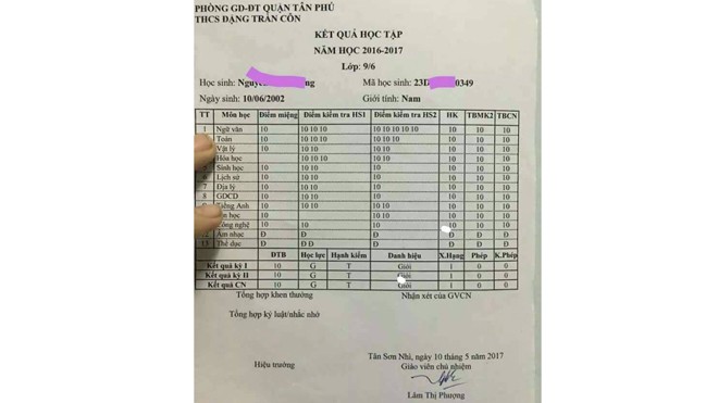 Chỉnh sửa bảng điểm toàn 10 rồi đưa lên mạng để câu “like” Bảng điểm toàn 10 là do học sinh tự chỉnh sửa