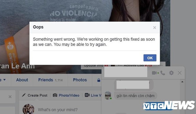 Facebook 'sập' lúc nửa đêm: Không thể gửi ảnh, chat thoại qua Messenger Hình chụp màn hình lỗi Facebook của một người dùng Việt Nam.