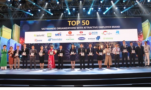 SCB nằm trong ‘top 5 ngân hàng Việt có môi trường làm việc tốt nhất’ lần thứ 2 Ông Vũ Đức Hưng – GĐ Khối Quản trị nguồn Nhân lực (đứng thứ 8 từ trái qua) đại diện SCB nhận giải tại chương trình