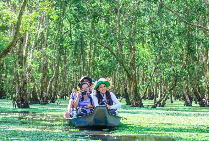 Mùa nước nổi vòng quanh Thủ phủ Tràm của Việt Nam Du khách xuyên rừng tràm Trà Sư trên những thảm bèo (nguồn ảnh:internet)